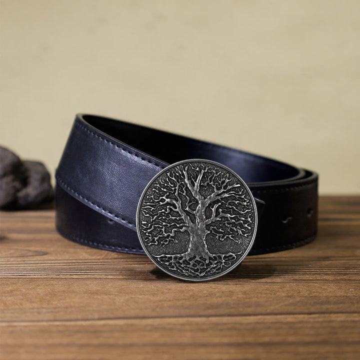 Men's DIY Tree of Life Round Buckle Leather Belt - Silver - Black PU Belt (40) - image 8