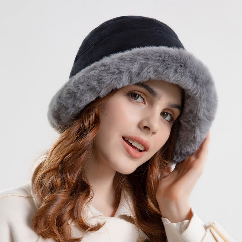 Women's Thickened Warm Plush Brim Bucket Hat - Black - Adjustable (Approx. 21 5/8"-22 7/8") - image 3
