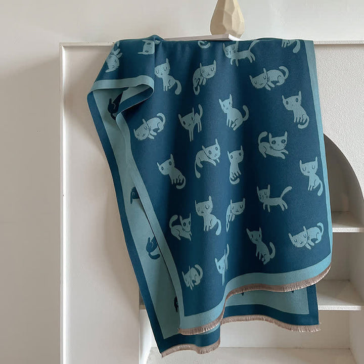 Women's Large Wrap Warm Cat Print Coldproof Scarf - Blue - image 3