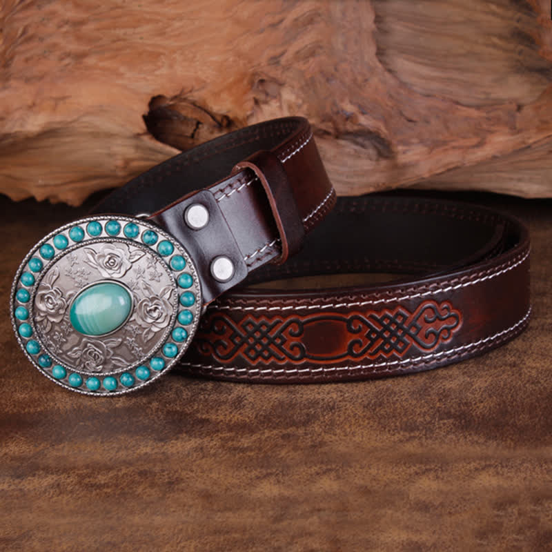 Unisex Carved Rose Turquoise Jade Agate Leather Belt - image 8