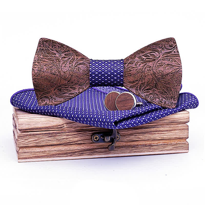 3Pcs Men's Black Walnut Paisley Wooden Bow Tie Set - Purple Oval - image 7