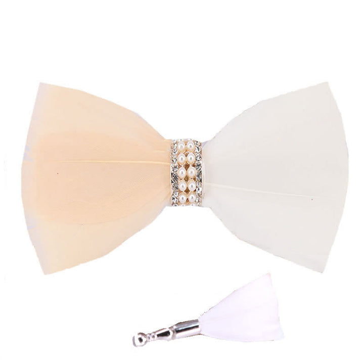 Blush & White Shiny Pearl Feather Bow Tie with Lapel Pin - image 4