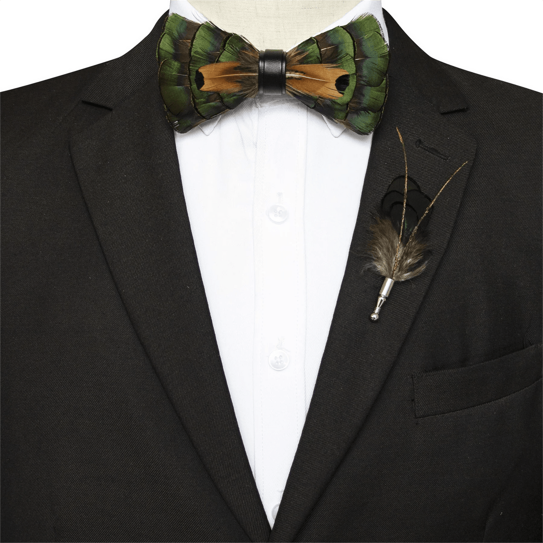 Kid's Emerald Green & Gold Feather Bow Tie with Lapel Pin - image 4