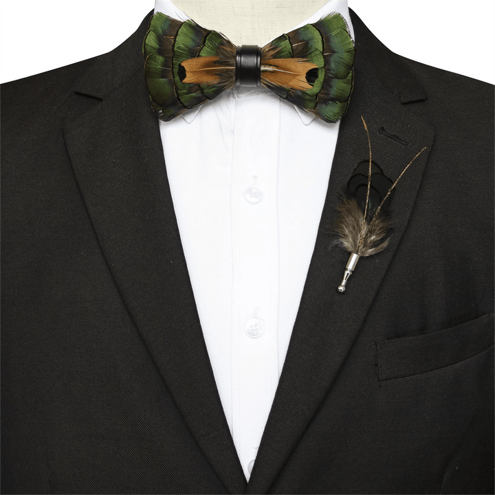 Kid's Emerald Green & Gold Feather Bow Tie with Lapel Pin - image 4