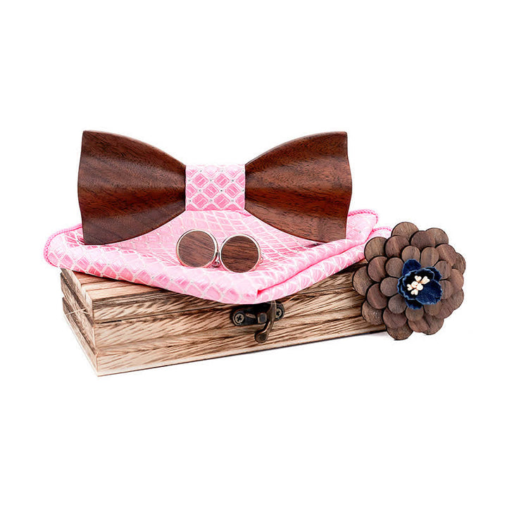 4Pcs Men's Black Walnut Wooden Bow Tie Set - Pink - image 11
