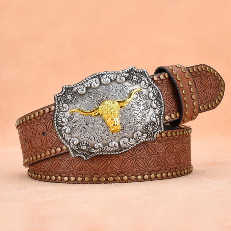 Men's Punk Rivet Gold Longhorn Bull Leather Belt - image 1