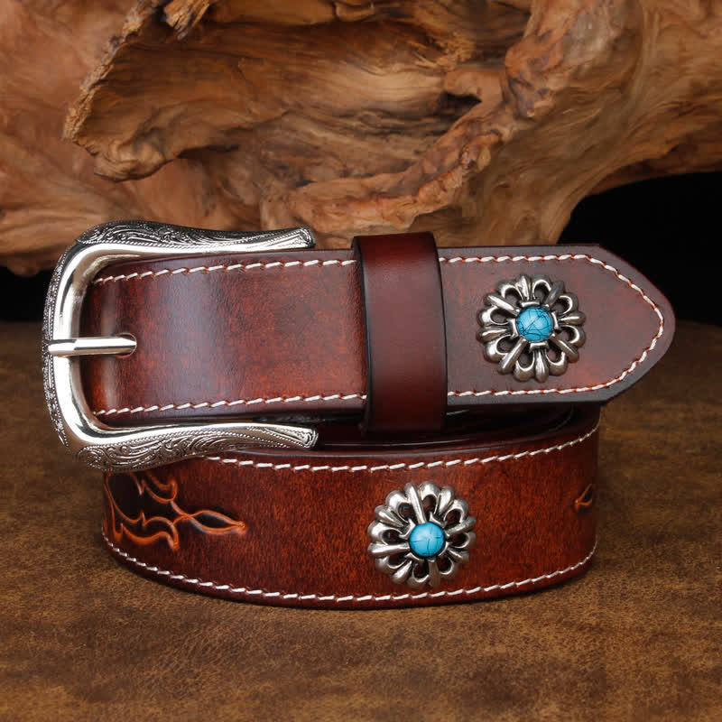 Unisex Retro Brown Turquoise Flower Leather Belt - Brown - 44 - image 0