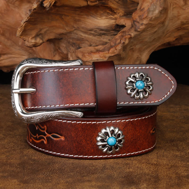 Unisex Retro Brown Turquoise Flower Leather Belt - Brown - 44 - image 0