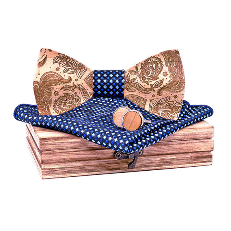 3Pcs Men's Carving Paisley Wooden Bow Tie Set - Blue Checks - image 6