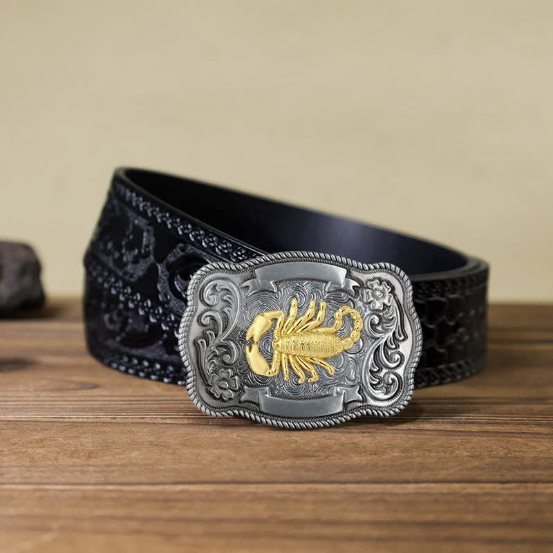 Men's DIY Gold Carving Animal Buckle Leather Belt - Scorpion - Black Carved Belt (40) - image 60