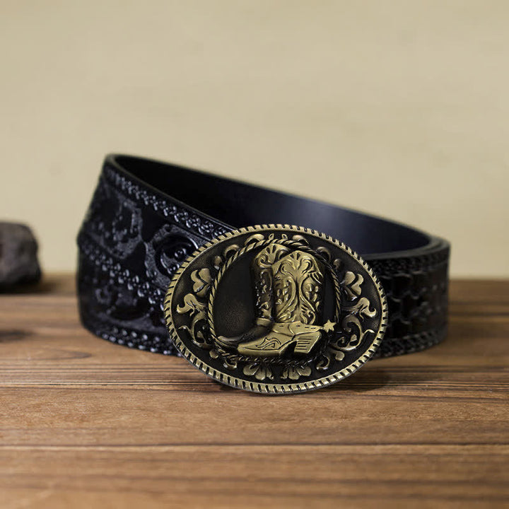 Men's DIY Cowboy Boots Buckle Leather Belt - Boots - Black Carved Belt (40) - image 8