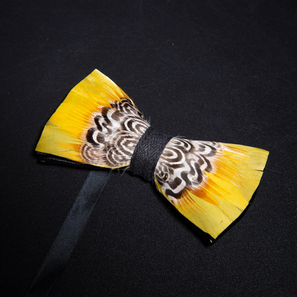 Yellow Tiger Print Feather Bow Tie with Lapel Pin - image 1