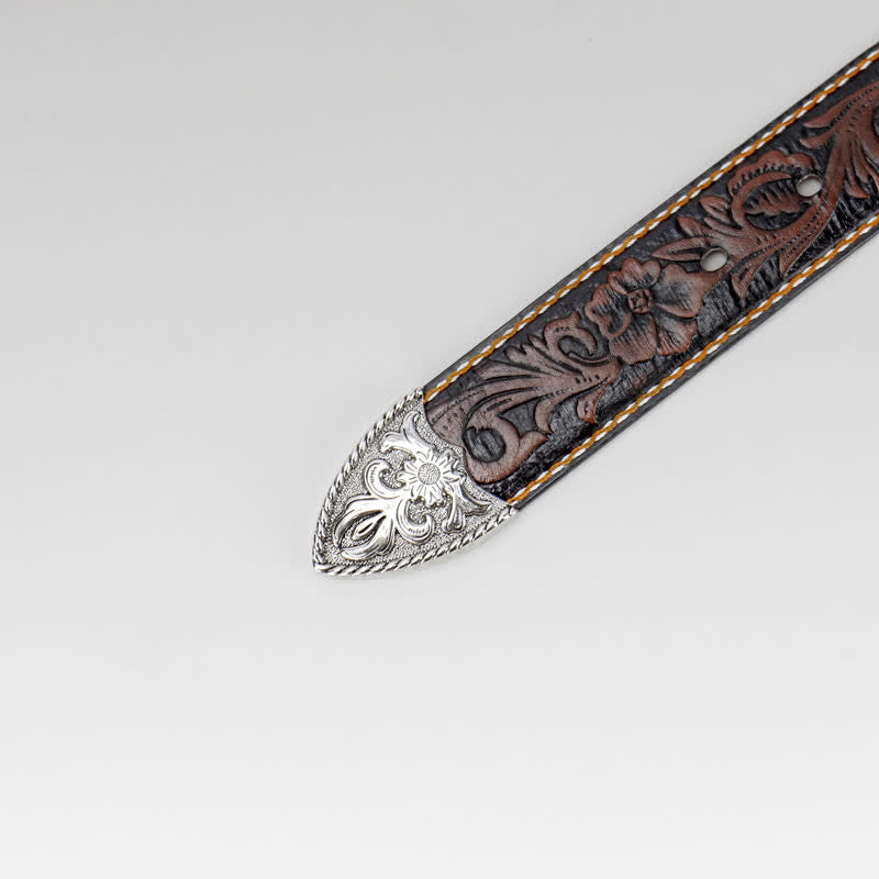 Women's Coffee Vintage Flower Engraved Leather Belt - image 5