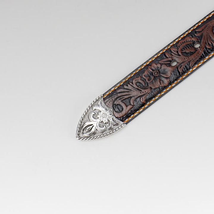 Women's Coffee Vintage Flower Engraved Leather Belt - image 5