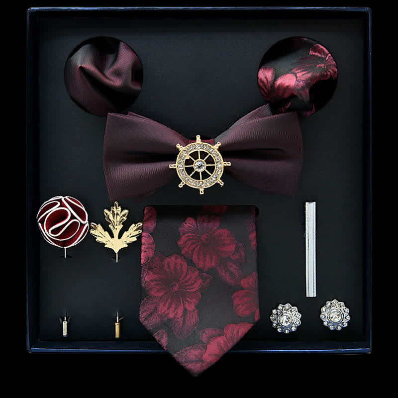 8Pcs Burgundy&Black Floral Casual Necktie Bow Ties Gift Box - Burgundy&Black - image 0