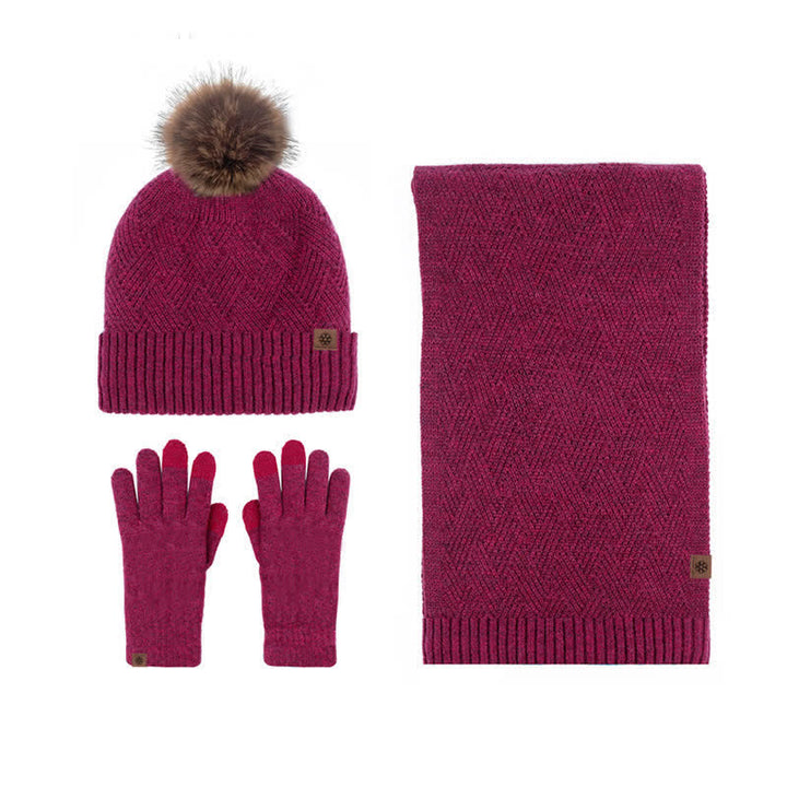 3Pcs Women's Pompom Woven Hat Scarf Touchscreen Gloves Set - Burgundy - Adjustable (Approx. 21 1/4"-23 1/4") - image 11