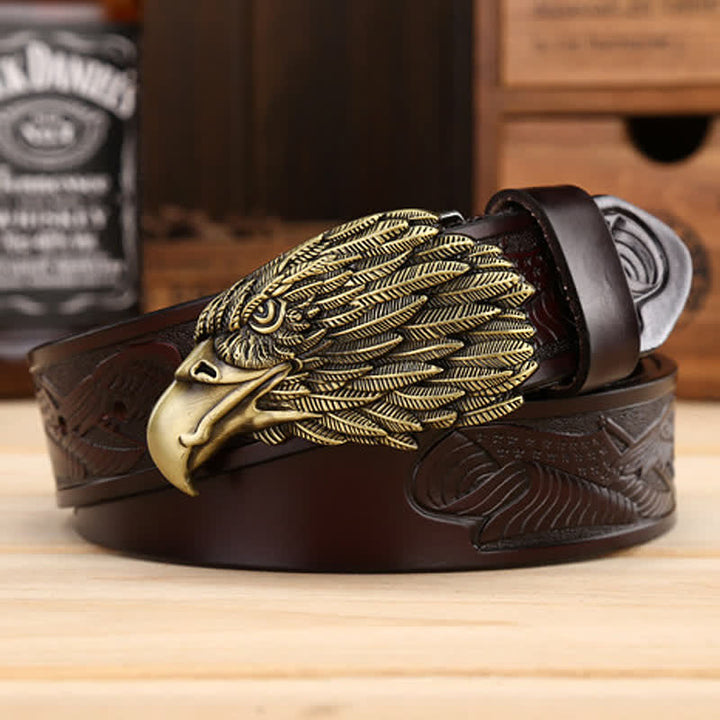 Men's Sharp Eyes 3D Vulture Head Eagle Buckle Leather Belt - Brown / Bronze - 46 - image 4