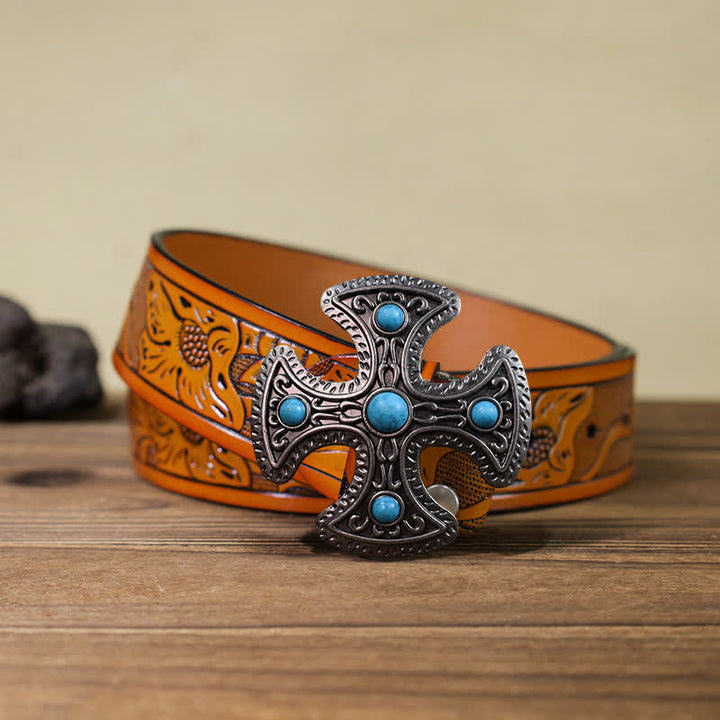 Men's DIY Retro Turquoise Stone Cross Buckle Leather Belt - Cross - Orange Carved Belt (40) - image 14