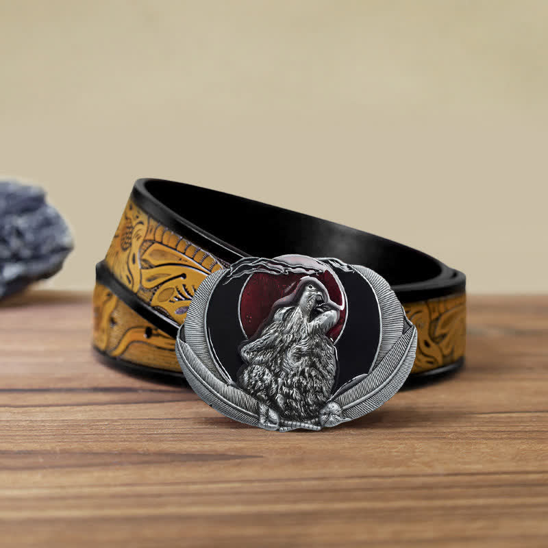 Men's DIY Howling Wolf Moon Oval Buckle Leather Belt - Red - SandyBrown Belt (40) - image 16