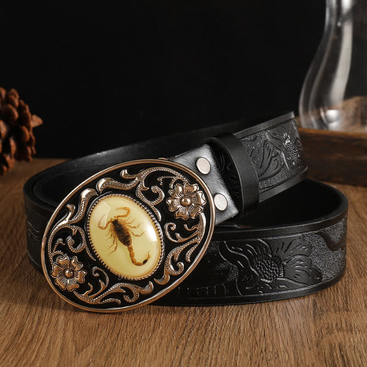 Men's Animal Scorpion Flower Buckle Leather Belt - Black - 40 - image 2