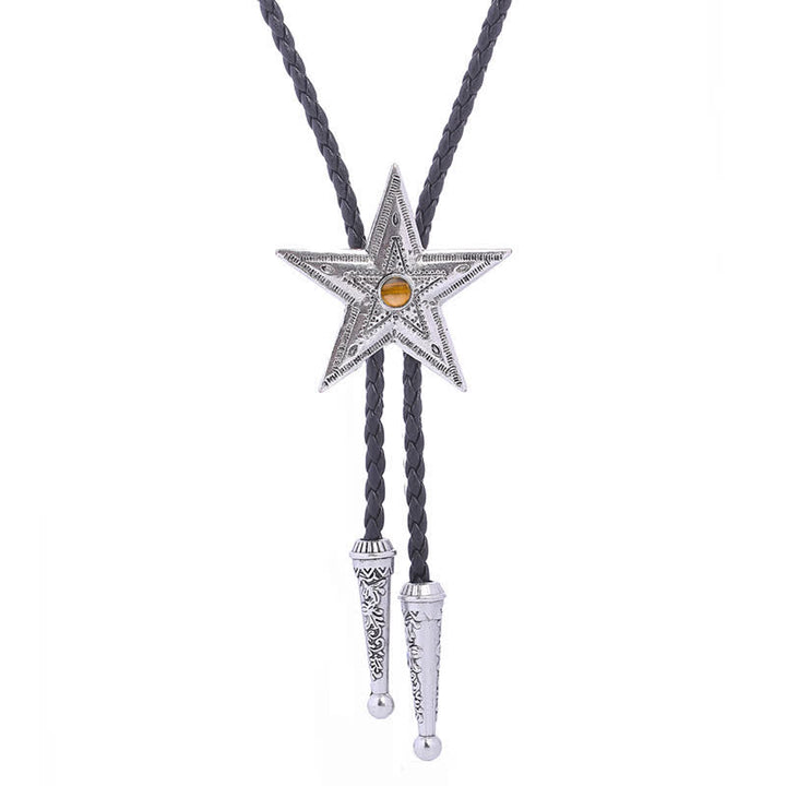 Vintage Natural Stone Star Pendant Necklace Bolo Tie - Tiger's Eye - Antique Silver - image 14