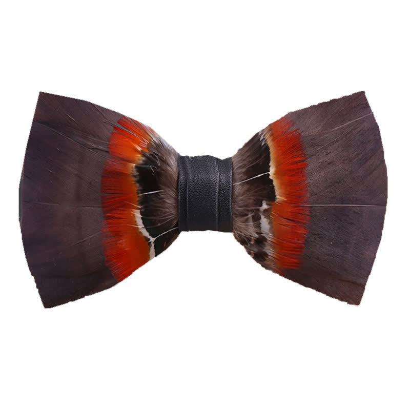 Brown & Orange Feather Bow Tie with Lapel Pin - Brown - image 0