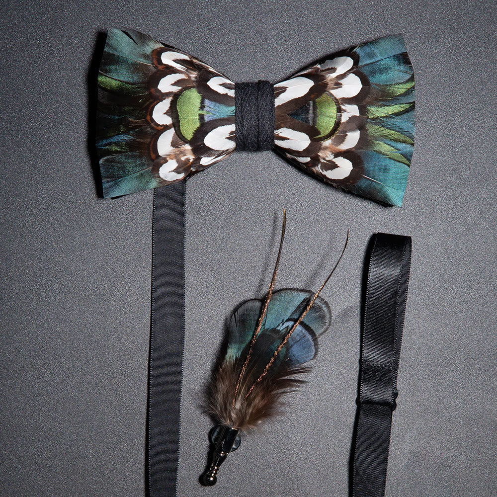DarkCyan Teal Feather Bow Tie with Lapel Pin - DarkCyan - image 0