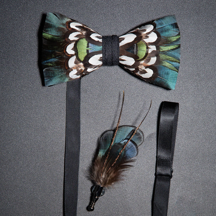 DarkCyan Teal Feather Bow Tie with Lapel Pin - DarkCyan - image 0