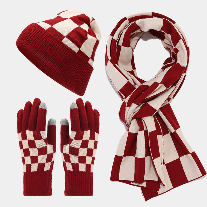 3Pcs Unisex Checkerboard Plaid Hat Scarf Gloves Set - Burgundy - Adjustable (22"-22 7/8") - image 4