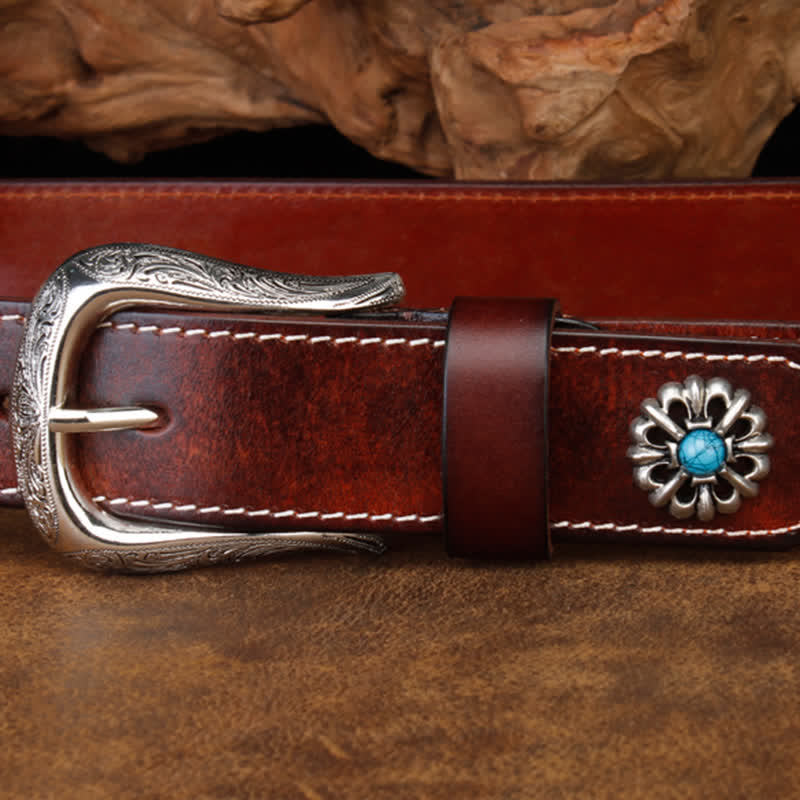 Unisex Retro Brown Turquoise Flower Leather Belt - image 5