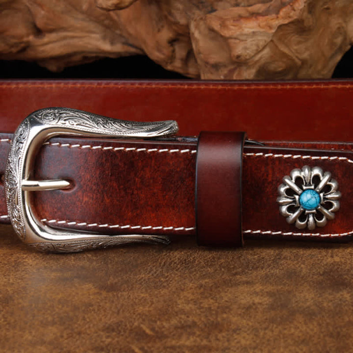 Unisex Retro Brown Turquoise Flower Leather Belt - image 5