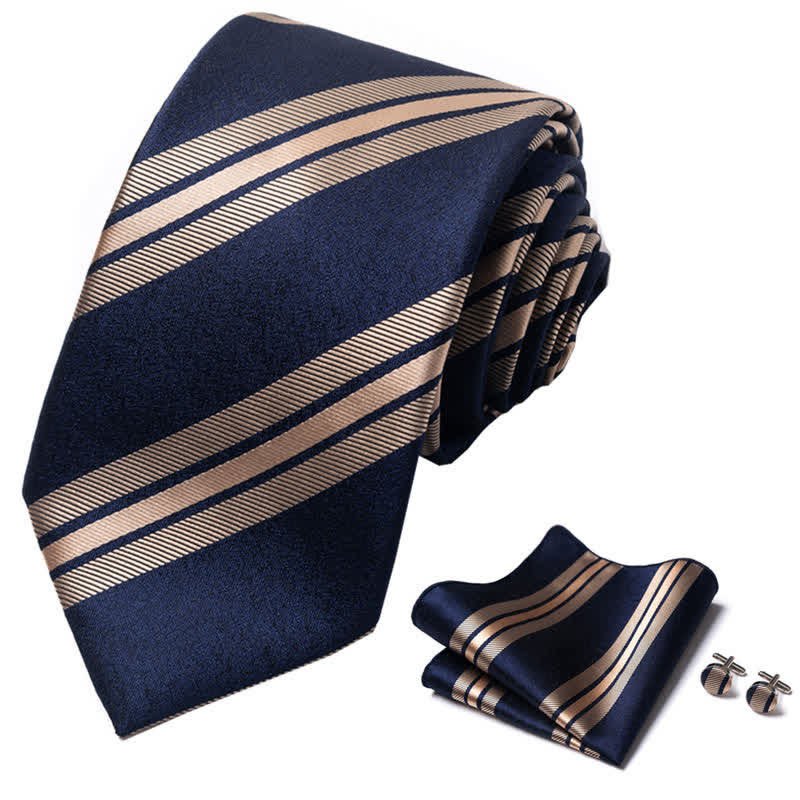 3Pcs Men's Navy & Wheat Striped Necktie Set - image 1