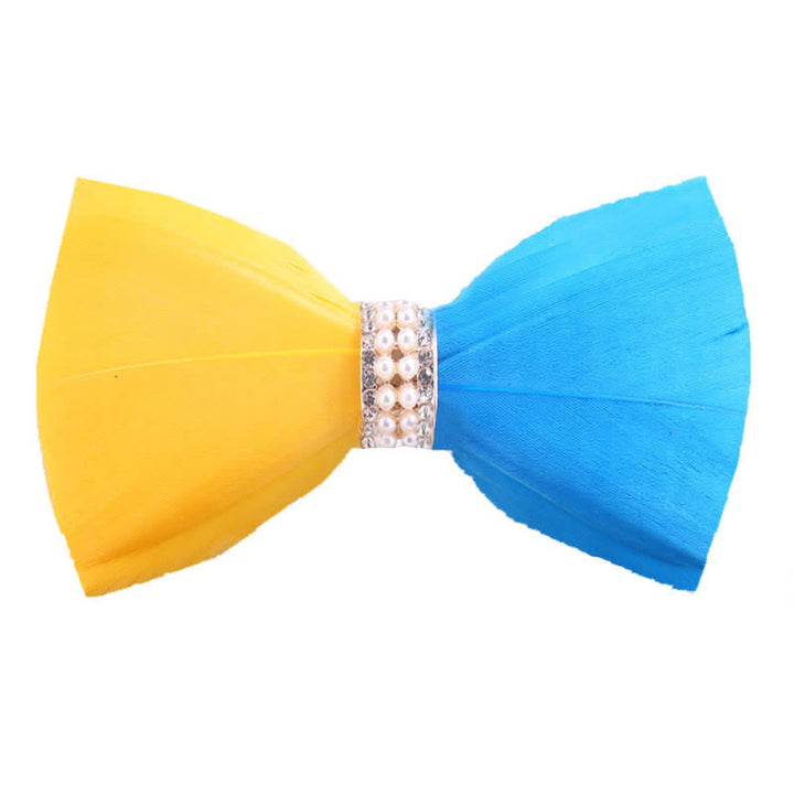 Yellow & Blue Shiny Pearl Feather Bow Tie with Lapel Pin - Yellow & Blue - image 0