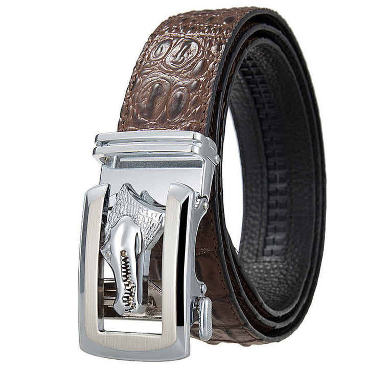 Men's Hollow Automatic Buckle Crocodile Print Leather Belt - Brown / Silver - 46 - image 8