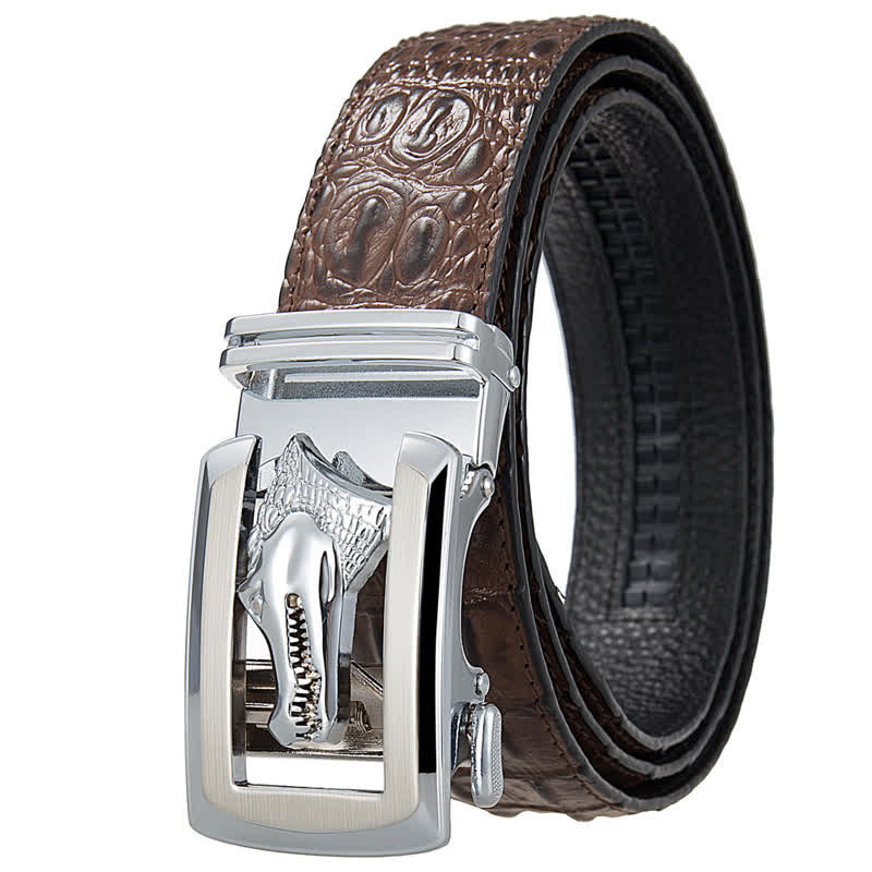 Men's Hollow Automatic Buckle Crocodile Print Leather Belt - Brown / Silver - 46 - image 8