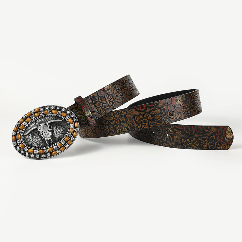 Men's Wooden Beads Carving Bull Head Leather Belt - image 1