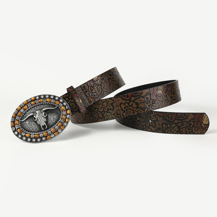 Men's Wooden Beads Carving Bull Head Leather Belt - image 1