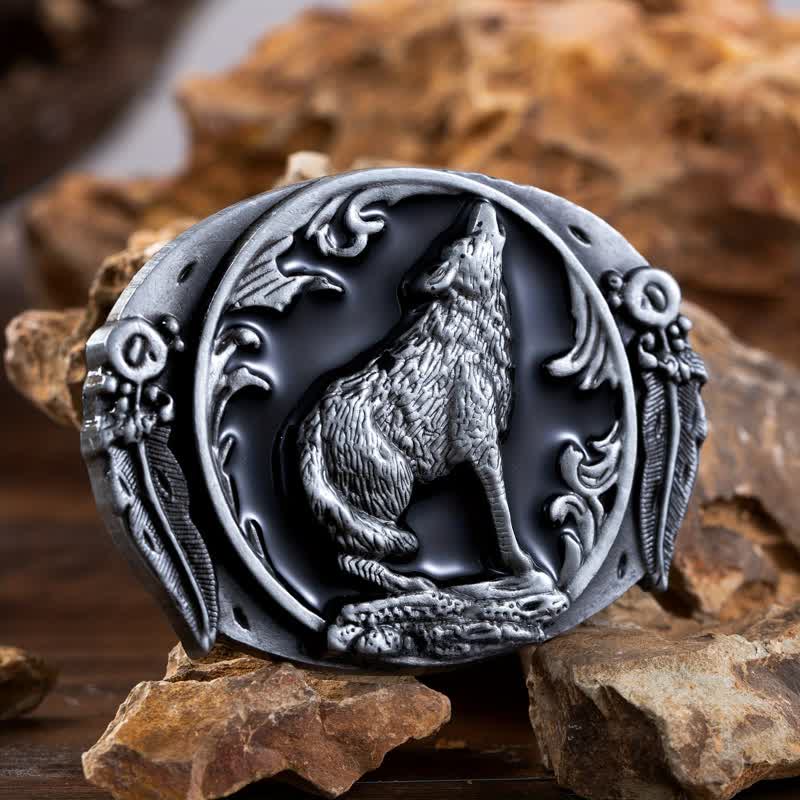 Men's DIY Enamel Domineering Howling Wolf Buckle Leather Belt - Black - Without Belt - image 0
