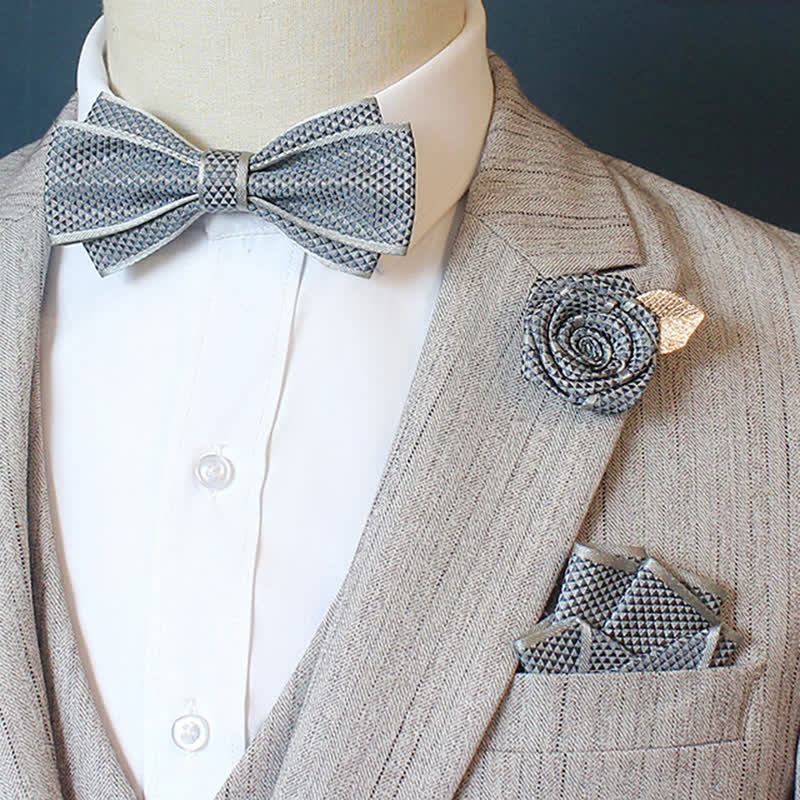 3Pcs Men's Micro Check Wedding Groom Bow Tie Set - Plain - Dusty Blue - image 3