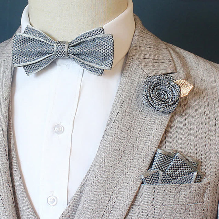 3Pcs Men's Micro Check Wedding Groom Bow Tie Set - Plain - Dusty Blue - image 3