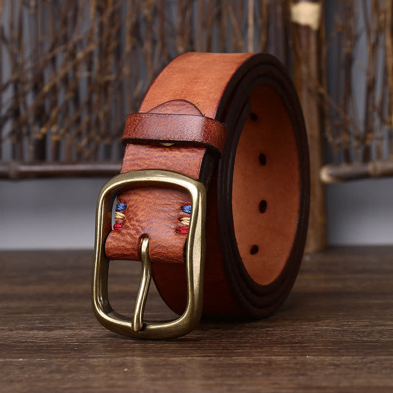 Men's Vintage Thicken Pure Cowhide Leather Belt - Reddish Brown - 46 - image 10