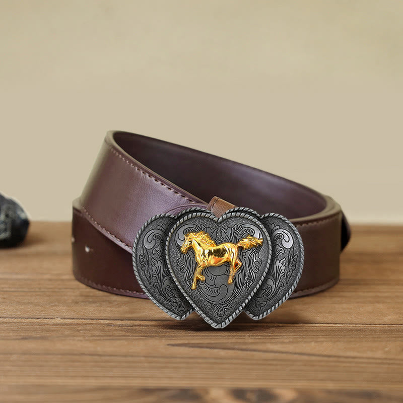 Men's DIY Horse Triple Heart Shaped Buckle Leather Belt - Horse - Brown PU Bel (40) - image 6