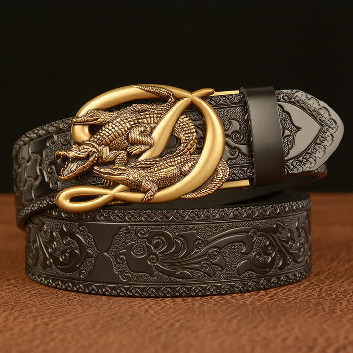Men's Crocodile Buckle Embossing Leather Belt - Gold & Black - 46 - image 9