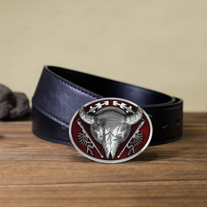 Men's DIY Indian Theme Bull Skull Buckle Leather Belt - Dark Red - Black PU Belt (40) - image 4