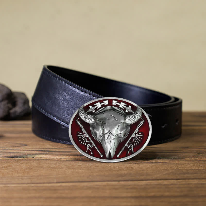 Men's DIY Indian Theme Bull Skull Buckle Leather Belt - Dark Red - Black PU Belt (40) - image 4