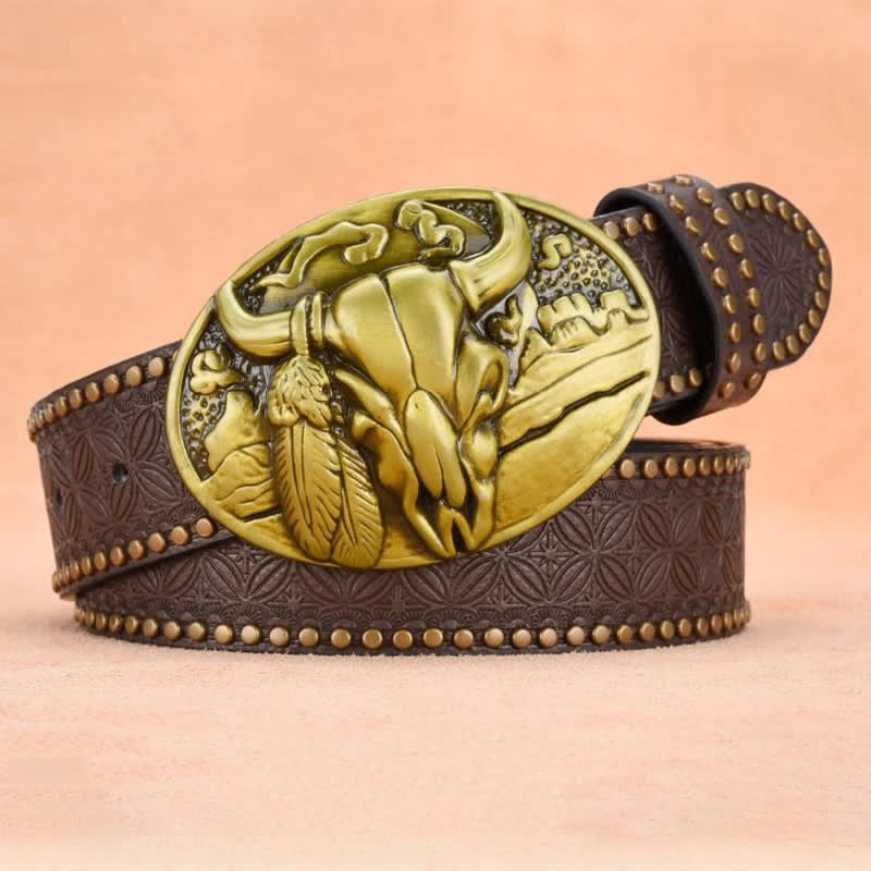 Men's Bull Head Buckle Rivet Decor Leather Belt - image 2