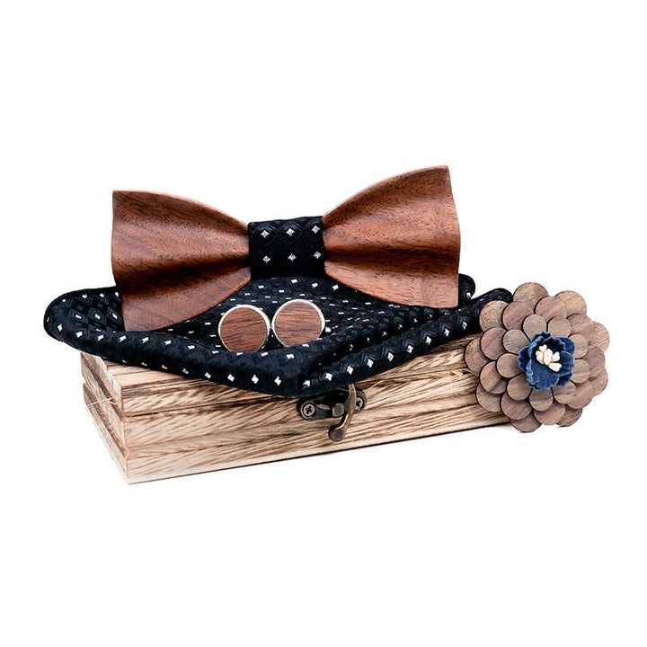 4Pcs Men's Black Walnut Wooden Bow Tie Set - Black - image 10