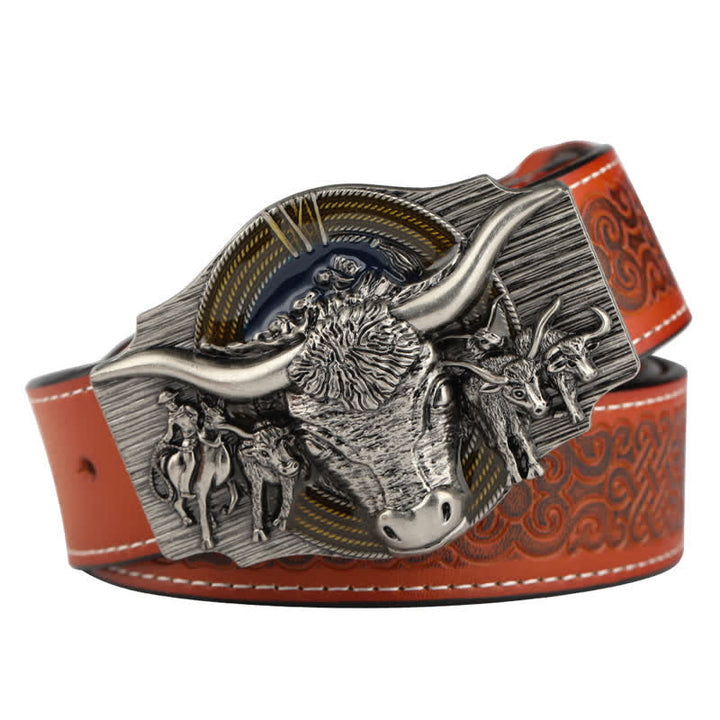 Men's Longhorn Bull Embossed Leather Belt - Orange / Silver - 46 - image 9