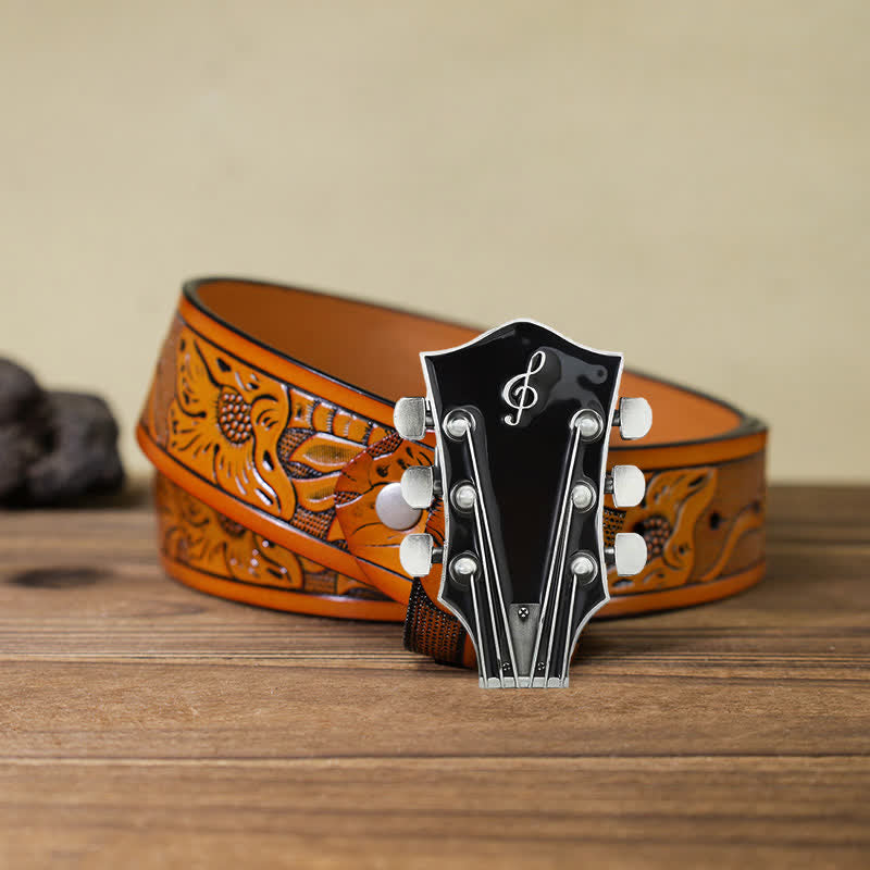Men's DIY Musical Guitar Headstock Buckle Leather Belt - Black - Orange Carved Belt (40) - image 33
