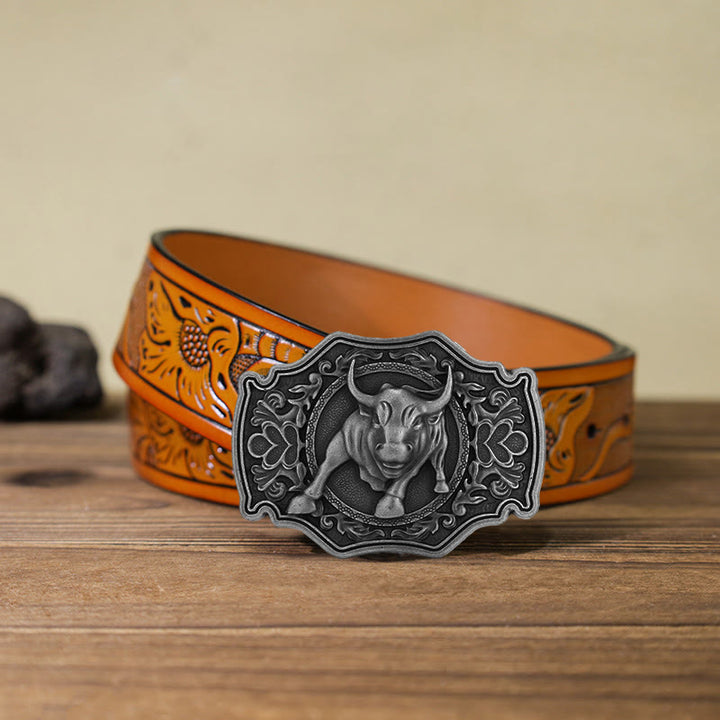 Men's DIY Matador Buckle Leather Belt - Silver - Orange Carved Belt (40) - image 22
